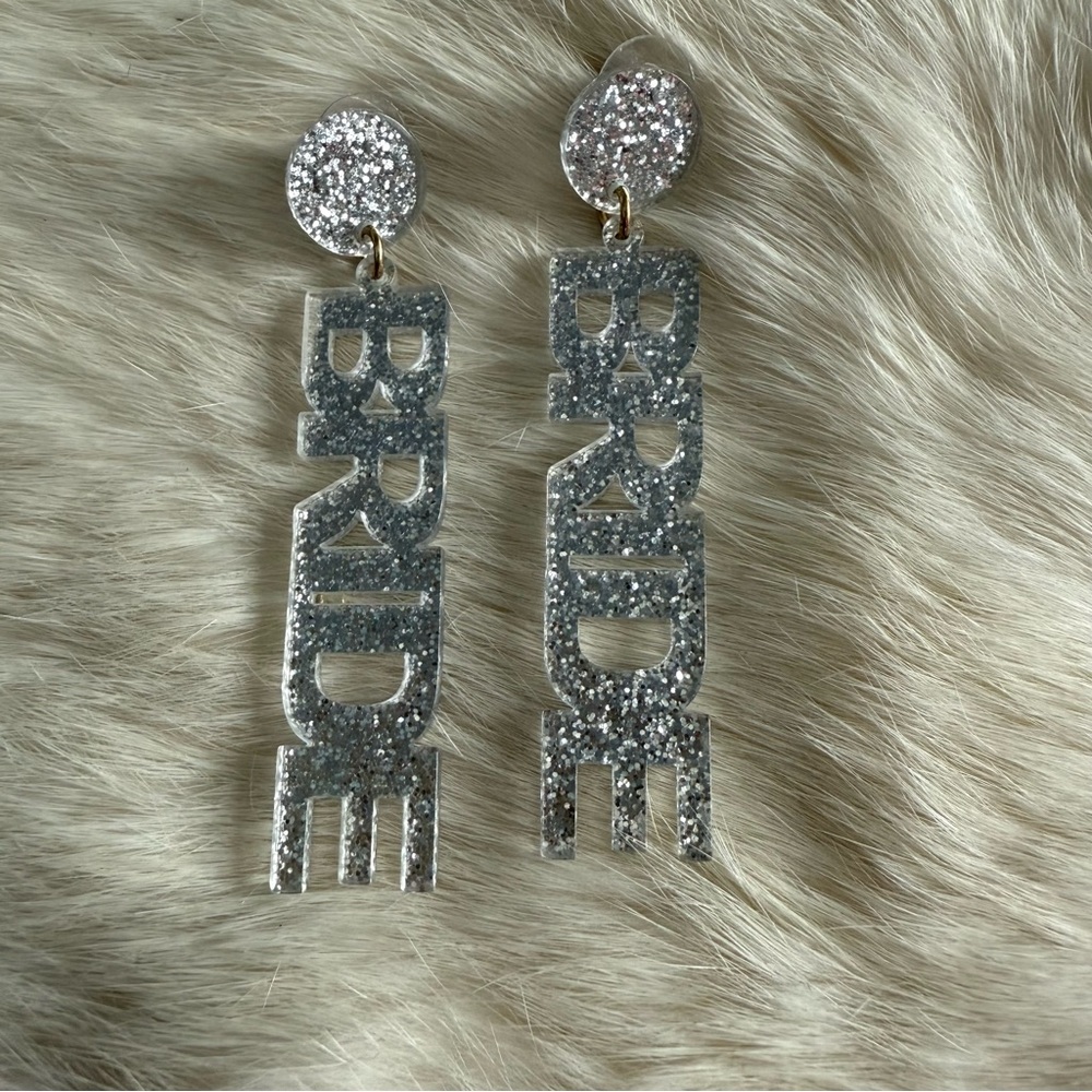 Bride Acrylic Silver Glitter Sparkle Drop Earrings.